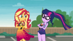 Size: 800x450 | Tagged: safe, screencap, sci-twi, sunset shimmer, twilight sparkle, better together, equestria girls, x marks the spot, animated, bikini, clothes, cute, food, sushi, swimsuit