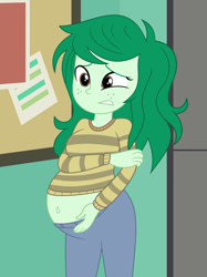 Size: 1280x1707 | Tagged: safe, artist:myfavoritepreggopics, wallflower blush, better together, equestria girls, forgotten friendship, belly, belly button, big belly, embarrassed, female, freckles, gritted teeth, outie belly button, pregnant, pregnant equestria girls, story included