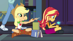 Size: 1280x720 | Tagged: safe, screencap, applejack, sunset shimmer, better together, equestria girls, the finals countdown, book, clothes, cute, faic, game, shoes, sneakers, video game