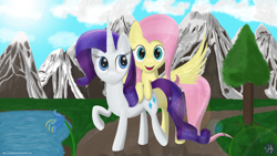 Size: 3565x2005 | Tagged: safe, artist:misterjuly, fluttershy, rarity, pegasus, pony, unicorn, female, mare, pink mane, purple mane, white coat, yellow coat