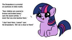 Size: 1194x668 | Tagged: safe, derpibooru import, twilight sparkle, pony, unicorn, dialogue, dovahkiin, dragonborn, female, filly, filly twilight sparkle, filly twilight telling an offensive joke, horn, looking at you, meme, multicolored mane, multicolored tail, obligatory pony, purple coat, simple background, sitting, skyrim, smiling, solo, talking to viewer, the elder scrolls, underhoof, white background