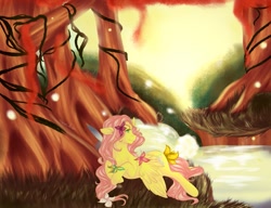 Size: 1019x784 | Tagged: safe, artist:sarah-loves-christmas, fluttershy, pegasus, pony, female, flower, flower in hair, forest, mare, solo