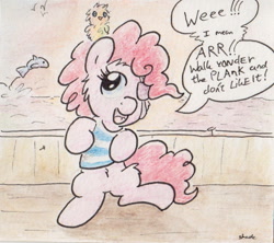 Size: 608x541 | Tagged: safe, artist:slightlyshade, pinkie pie, earth pony, fish, parrot, pony, boat, clothes, eyepatch, ocean, shirt, solo, traditional art