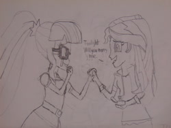Size: 1024x768 | Tagged: safe, artist:brandonale, sci-twi, sunset shimmer, twilight sparkle, equestria girls, crying, female, holding hands, lesbian, looking at each other, marriage proposal, pencil drawing, scitwishimmer, shipping, sunsetsparkle, tears of joy, traditional art