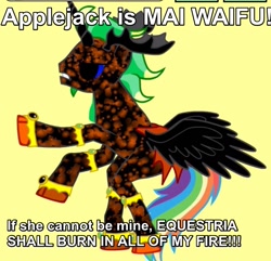 Size: 1177x1136 | Tagged: safe, oc, oc only, alicorn, pony, pony creator, 9000 hours in pony creator, abomination, alicorn oc, angry, background pony strikes again, canon x oc, caption, donut steel, edgy, equestria, image macro, male, meme, my eyes, quazar cluster, rainbow hair, rearing, red and black oc, solo, stallion, straight, text, threat, waifu, wat, why