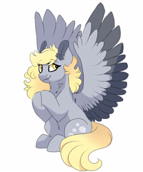 Size: 3000x3600 | Tagged: safe, artist:scarletskitty12, derpy hooves, pegasus, pony, alternate hairstyle, cute, female, large wings, mare, simple background, sitting, smiling, solo, spread wings, white background, wings