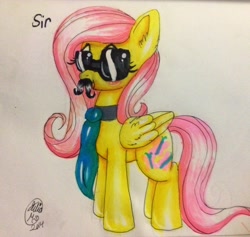 Size: 2048x1942 | Tagged: safe, artist:flowerlovesyou, fluttershy, pegasus, pony, moustache, necktie, shade, solo, traditional art