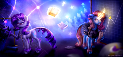 Size: 2520x1176 | Tagged: safe, artist:9de-light6, rarity, sassy saddles, classical unicorn, pony, unicorn, canterlot boutique, clothes, cloven hooves, dress, leonine tail, over the moon, unshorn fetlocks