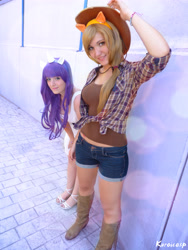 Size: 3240x4320 | Tagged: safe, artist:exionyukocosplay, applejack, rarity, human, cosplay, hat, irl, irl human, midriff, photo