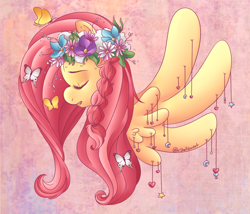 Size: 944x809 | Tagged: safe, artist:shellsweet, fluttershy, butterfly, pegasus, pony, braid, bust, charm, eyes closed, female, floral head wreath, flower, mare, open mouth, portrait, profile, solo, spread wings, wings