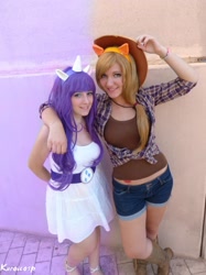 Size: 1532x2048 | Tagged: safe, artist:exionyukocosplay, applejack, rarity, human, clothes, cosplay, dress, irl, irl human, midriff, photo