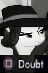 Size: 200x303 | Tagged: safe, rarity, pony, unicorn, rarity investigates, clothes, coat, doubt, eyeshadow, hat, image macro, l.a. noire, makeup, meme, press x to doubt, reaction image, solo