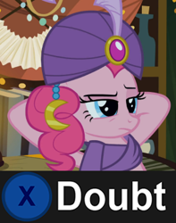 Size: 310x393 | Tagged: safe, screencap, pinkie pie, earth pony, pony, it's about time, doubt, exploitable meme, gypsy pie, image macro, l.a. noire, madame pinkie, meme, press x to doubt, reaction image, romani, solo, suspicious face, turban, unamused