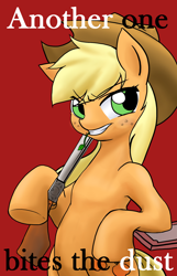 Size: 1000x1555 | Tagged: safe, artist:tunairs, applejack, earth pony, pony, another one bites the dust, bipedal, gun, queen (band), rifle, solo, song reference, weapon