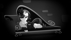 Size: 1920x1080 | Tagged: safe, screencap, rarity, pony, unicorn, rarity investigates, black and white, fainting couch, grayscale