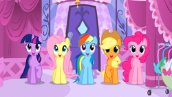 Size: 1366x768 | Tagged: safe, derpibooru import, screencap, applejack, fluttershy, pinkie pie, rainbow dash, twilight sparkle, earth pony, pegasus, pony, suited for success