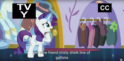 Size: 1920x950 | Tagged: safe, screencap, rarity, pony, unicorn, rarity investigates, mannequin, meme, sheik, the legend of zelda, youtube caption