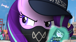 Size: 3840x2160 | Tagged: safe, artist:bastbrushie, starlight glimmer, pony, unicorn, bandana, crossover, hat, mask, phone, san francisco, watch dogs