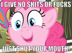 Size: 1000x736 | Tagged: safe, pinkie pie, earth pony, pony, blue eyes, female, image macro, mare, meme, open mouth, pink coat, pink mane, smiling, solo, text, vulgar