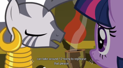 Size: 640x355 | Tagged: safe, derpibooru import, screencap, twilight sparkle, zecora, zebra, magic duel, meme, youtube caption