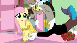 Size: 5333x3000 | Tagged: safe, artist:discordedproductions, discord, fluttershy, pegasus, pony, fanfic:bride of discord, blushing, clothes, discoshy, dress, dressup, female, flower, male, shipping, straight