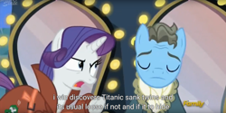 Size: 1900x950 | Tagged: safe, screencap, rarity, wind rider, pony, unicorn, rarity investigates, meme, titanic, youtube caption