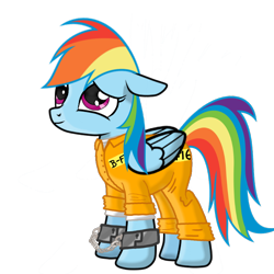 Size: 768x768 | Tagged: safe, artist:thunder burst, derpibooru import, rainbow dash, pegasus, pony, b-f16, clothes, cuffs, never doubt rainbowdash69's involvement, prison outfit, prisoner, prisoner rd, shackles, simple background, solo, transparent background