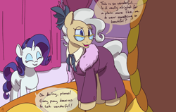 Size: 1100x700 | Tagged: safe, artist:goat train, mayor mare, rarity, pony, unicorn, clothes, dialogue, dress, eyes closed, glasses, grin, open mouth, smiling, speech bubble