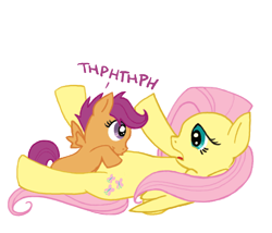 Size: 504x432 | Tagged: artist needed, source needed, safe, fluttershy, scootaloo, pegasus, pony, onomatopoeia, raspberry, raspberry noise