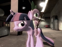 Size: 900x675 | Tagged: safe, artist:cartoonlion, artist:rewirken, derpibooru import, spike, twilight sparkle, dragon, 3d, gmod, sword