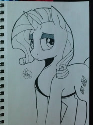 Size: 1280x1707 | Tagged: safe, artist:notenoughapples, rarity, pony, unicorn, looking at you, monochrome, notepad, sketch, solo, traditional art