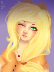 Size: 1500x2000 | Tagged: safe, artist:saoiirse, applejack, human, bust, humanized, one eye closed, painting, portrait, solo, wink