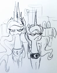 Size: 1001x1280 | Tagged: safe, artist:glacierclear, princess celestia, princess luna, alicorn, pony, slice of life (episode), :<, angry, bickering sisters, grumpy, monochrome, sketch, traditional art, unamused