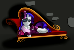 Size: 6000x4000 | Tagged: safe, artist:wilshirewolf, rarity, pony, unicorn, rarity investigates, absurd resolution, bowtie, clothes, detective, draw me like one of your french girls, dress, fainting couch, female, mare, noir, on side, smiling, sofa, solo, that was fast