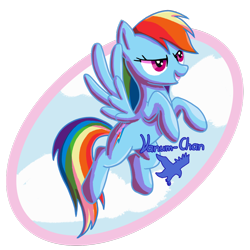 Size: 1280x1280 | Tagged: safe, artist:vanum-chan, derpibooru import, rainbow dash, pegasus, pony, cloud, flying, signature, simple background, solo, transparent background