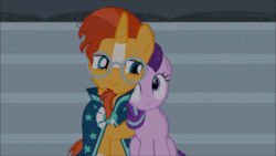 Size: 600x338 | Tagged: safe, artist:agrol, starlight glimmer, sunburst, pony, agrol is trying to murder us, animated, cape, clothes, female, gif, glasses, happy, happy couple, hug, male, shipping, starburst, straight, time for two