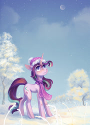 Size: 1512x2095 | Tagged: safe, artist:koviry, starlight glimmer, pony, unicorn, beanie, clothes, cloud, crescent moon, female, hat, mare, moon, scarf, snow, solo, speedpaint available, tree, winter