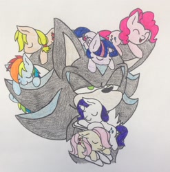 Size: 2022x2046 | Tagged: safe, artist:shadayloronic, derpibooru import, applejack, fluttershy, pinkie pie, rainbow dash, rarity, twilight sparkle, twilight sparkle (alicorn), alicorn, earth pony, pegasus, pony, unicorn, crossover, female, mane six, mare, mephiles the dark, sonic the hedgehog (series), traditional art