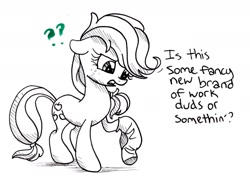 Size: 1490x1070 | Tagged: safe, artist:frostykat13, applejack, earth pony, pony, confused, floppy ears, frown, question mark, sock, solo, standing, traditional art