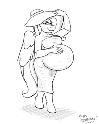 Size: 1280x1600 | Tagged: safe, artist:theimmortalwolf, fluttershy, anthro, pegasus, unguligrade anthro, belly, big belly, breasts, clothes, dress, female, hand on belly, hat, hootershy, looking at you, mare, monochrome, pregnant, smiling, walking