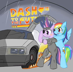 Size: 1813x1796 | Tagged: safe, artist:timorikawa, derpibooru import, rainbow dash, twilight sparkle, pegasus, pony, back to the future, delorean, pixiv