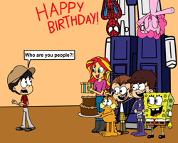 Size: 1942x1558 | Tagged: safe, artist:eagc7, pinkie pie, sunset shimmer, oc, cat, earth pony, pony, equestria girls, birthday, cake, clothes, comic, crossover, eating, female, food, garfield, luan loud, luna loud, male, nickelodeon, optimus prime, present, simple background, spider-man, spongebob squarepants, text, the loud house, transformers