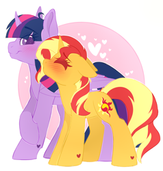 Size: 2546x2680 | Tagged: safe, artist:adostume, sunset shimmer, twilight sparkle, twilight sparkle (alicorn), alicorn, pony, unicorn, blushing, female, lesbian, mare, shipping, smiling, sunsetsparkle