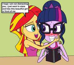 Size: 2041x1798 | Tagged: safe, artist:eagc7, sci-twi, sunset shimmer, twilight sparkle, human, equestria girls, blushing, book, clothes, comic, contest entry, dialogue, distracted by the sexy, female, flirting, glasses, green background, lesbian, nervous, reading, scitwishimmer, shipping, simple background, sleeveless, sunsetsparkle, sweat, tanktop, text