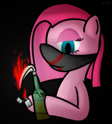 Size: 295x327 | Tagged: safe, artist:mang, pinkie pie, earth pony, pony, bandana, fire, mask, molotov cocktail, pinkamena diane pie, profile, solo