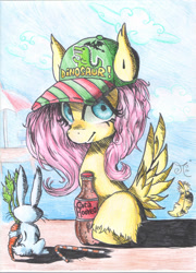 Size: 1024x1419 | Tagged: safe, artist:chibiwendy, angel bunny, fluttershy, pegasus, pony, cap, hat, soda, solo, unshorn fetlocks