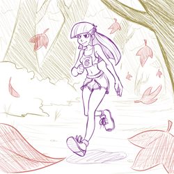 Size: 700x700 | Tagged: safe, artist:romanrazor, derpibooru import, twilight sparkle, human, autumn, belly button, clothes, forest, humanized, midriff, running, running of the leaves, scene interpretation, shorts, solo, sports bra, tree