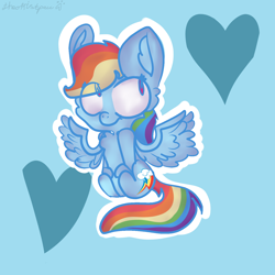 Size: 1538x1538 | Tagged: safe, artist:theoristpaw, derpibooru import, rainbow dash, pegasus, pony, blue background, chibi, cute, heart, simple background, solo