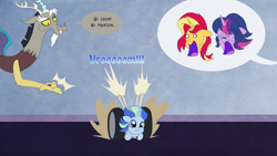 Size: 3840x2160 | Tagged: safe, artist:turkleson, discord, sci-twi, sunset shimmer, twilight sparkle, oc, oc:sparkling sapphire, draconequus, original species, pony, unicorn, series:sciset diary, baby, baby pony, discord what have you done, dragster, female, filly, magical lesbian spawn, offspring, parent:sci-twi, parent:sunset shimmer, parents:scitwishimmer, what have you done?!, wheel, wheelpone