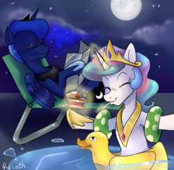 Size: 1024x999 | Tagged: safe, artist:rflzqt, princess celestia, princess luna, alicorn, duck, pony, cake, floaty, inner tube, moon